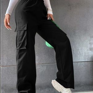 Solid High Waist Flap Pocket Cargo Pants